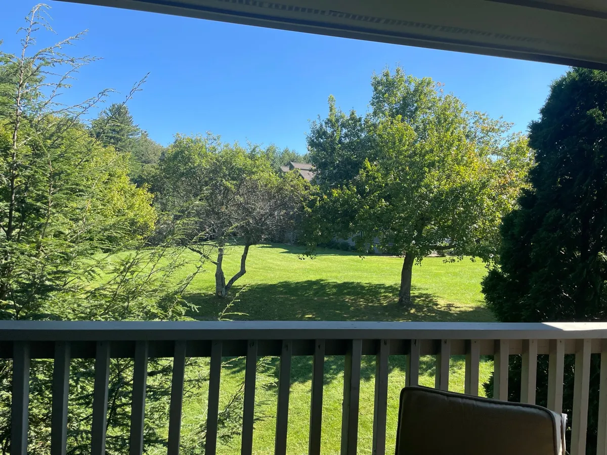 A peaceful view of a lush green lawn bordered by tall trees under a clear blue sky. The vantage point suggests a balcony or patio, providing a seamless connection between the indoor living space and the resort’s natural surroundings.