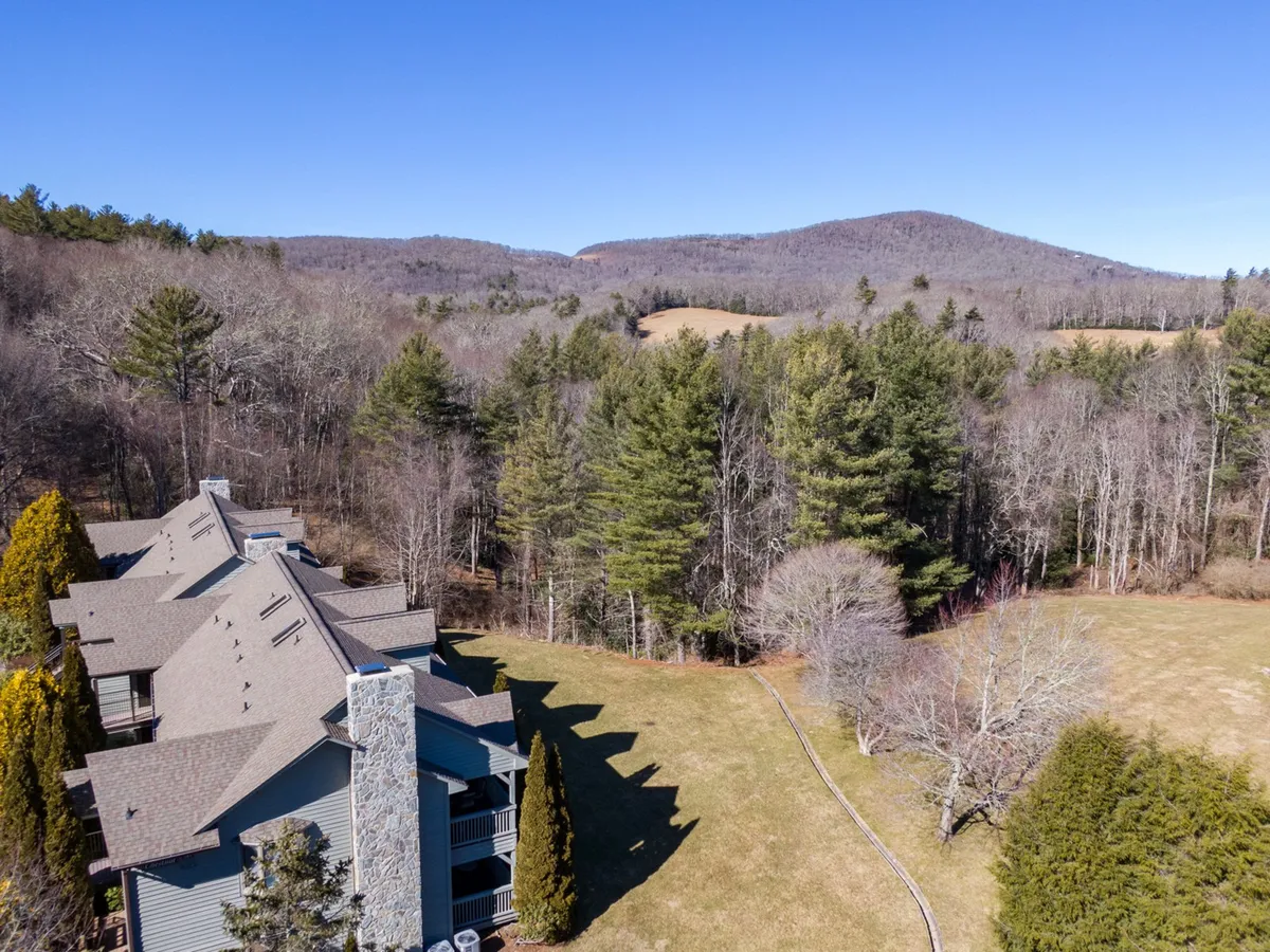 A sweeping exterior view of the resort property with mountains in the background, a spacious green lawn, and a dense tree line. Architectural details of the building are visible, emphasizing the connection between natural beauty and resort living.